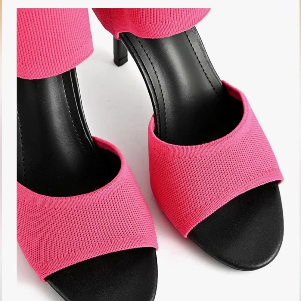 👉 Women’s Hot Pink Peep Toe Stiletto Heel Sandals – Stretch Knit Slip-On